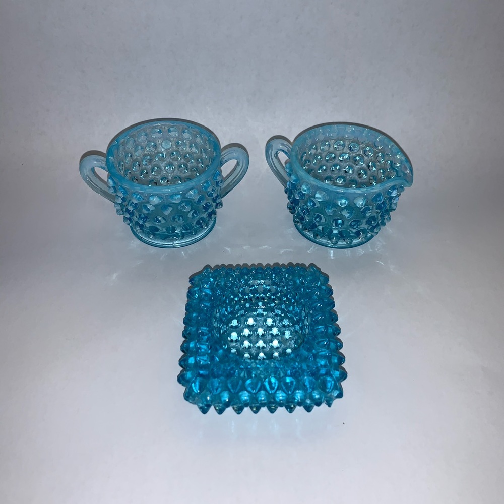 Fenton Glass hobnail sugar, creamer, salt cellar